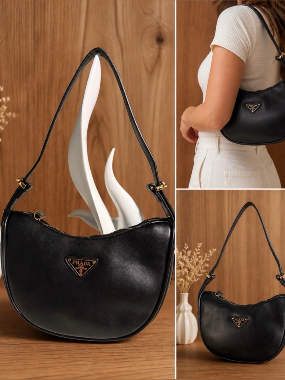 Prada Black Leather Crescent Shoulder Bag with Gold Hardware